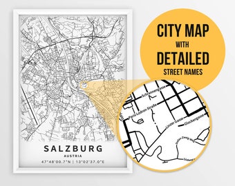 Druckbares Poster Karte von Salzburg, Österreich mit Straßennamen - Sofort Download \ City Map \ Reisegeschenk \ City Poster \ Road Map Print