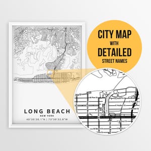 Afdrukbare kaart van Long Beach, New York, VS met straatnamen - Instant Download \ Stadsplan \ Reiscadeau \ Stadsposter \ Kaart oostkust