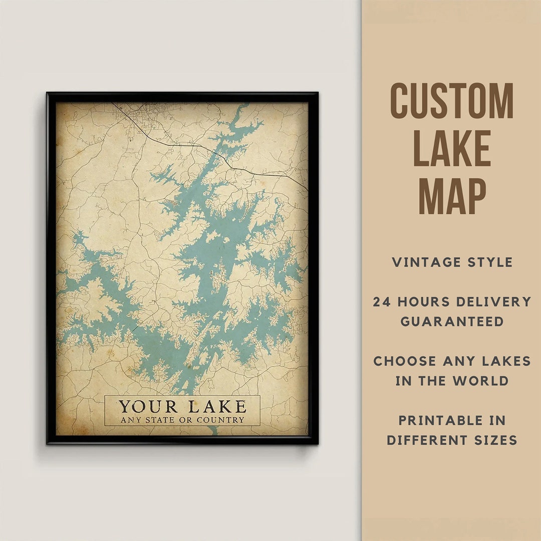 Custom Vintage Style Map of Your Lake Digital Download Lake Map Wall