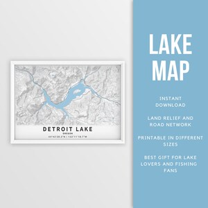 Mapa imprimible del lago Detroit, Oregón, EE. UU. - Descarga instantánea \ Mapa del lago \ Cartel del mapa \ Decoración de la casa del lago \ LakeLife \ Pesca \ Paseos en bote