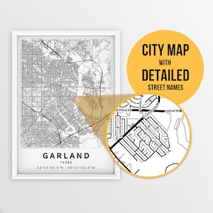 Printable Map of Garland, Texas, USA with Street Names - Instant Download \ City Map \ Travel Gift \ City Poster \ Road Map Print \ Wall Art