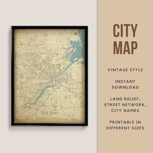 Mapa de estilo vintage imprimible de Toledo, Ohio, EE. UU., Descarga instantánea, Mapa de calles, Arte de pared, Póster de mapa, Antiguo, Impresión de mapa, Regalo de Ohio