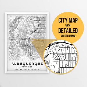 Druckbare Karte von Albuquerque, New Mexico, USA mit Straßennamen - Sofort Download \ City Map \ Travel Gift \ City Poster \ Burque Map Print