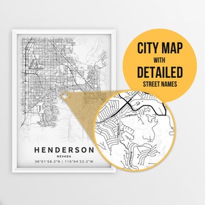 Afdrukbare kaart van Henderson, Nevada, VS met straatnamen - Instant Download \ Stadsplattegrond \ Reiscadeau \ Stadsposter \ Routekaart afdrukken
