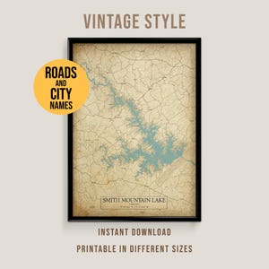 Mapa de estilo vintage del lago Smith Mountain, póster imprimible de una casa junto al lago en Virginia (descarga instantánea)