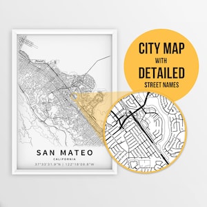 Druckbare Karte von San Mateo, Kalifornien, USA mit Straßennamen - Sofort Download \ City Map \ Travel Gift \ City Poster \ Road Map Print