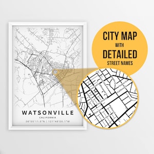 Druckbare Karte von Watsonville, Kalifornien, USA mit Straßennamen - sofortiger Download ~ Karte ~ ~ Stadtposter ~ Strassenkarte