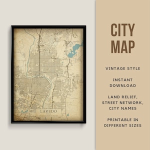 Vintage Style Map of Laredo, Texas, USA - Instant Download \ Street Map \ Wall Art \ Map Poster \ Antique Style \ Map Print \ Laredo Gift