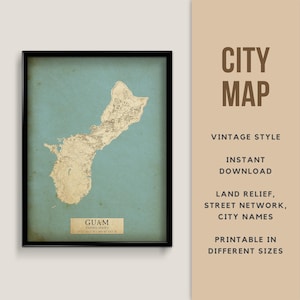 Mapa de Guam, Estados Unidos, estilo vintage para imprimir - Descarga instantánea \ Mapa callejero \ Póster de mapa \ Estilo antiguo \ Impresión de mapa \ Islas Marianas