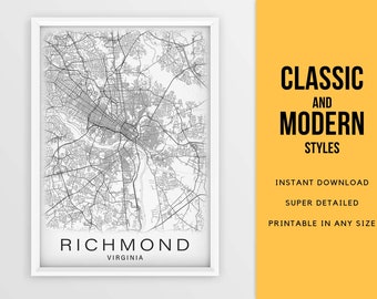 Printable Map of Richmond, Virginia, United States - Instant Download \ City Map \ Wall Art \ Gift Idea \ Map Poster