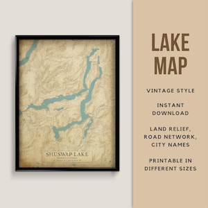 Mapa de estilo vintage del lago Shuswap, Columbia Británica, Canadá con nombres de ciudades - Descarga instantánea \ Mapa del lago \ Arte de la pared \ Póster \ Impresión de mapas