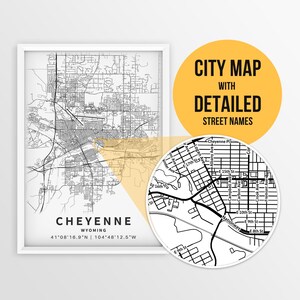 Carte imprimable de Cheyenne, Wyoming, États-Unis avec les noms des rues - téléchargement immédiat \ plan de la ville \ cadeau de voyage \ affiche de la ville \ impression de carte routière