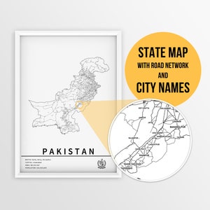 Afdrukbare kaart van Pakistan met stadsnamen en wegen - Instant Download \ Push pin Map \ Map Art \ Pakistan gift \ Travel Planner \ Map Print