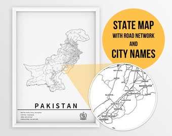 Printable Map of Pakistan with city names and roads - Instant Download \ Push pin Map \ Map Art \ Pakistan gift \ Travel Planner \ Map Print