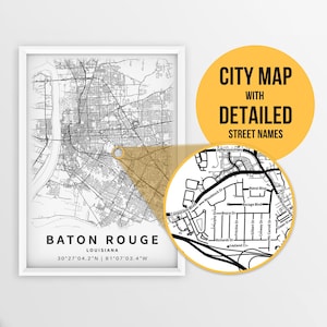 Printable Map of Baton Rouge, Louisiana, USA with Street Names - Instant Download \ City Map \ Travel Gift \ City Poster \ Road Map Print