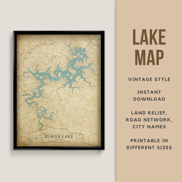 Vintage Style Map of Beaver Lake, Arkansas USA with City names - Instant Download \ Lake Map \ Wall Art \ Map Print \ Lake Poster \ Wall Art