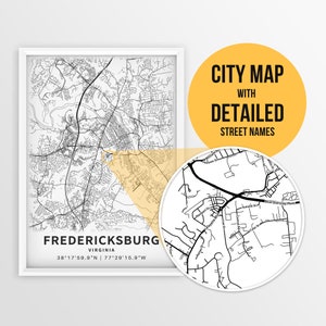 Carte imprimable de Fredericksburg, Virginie, États-Unis avec les noms des rues - téléchargement immédiat \ plan de la ville \ cadeau de voyage \ affiche de la ville \ impression de carte routière
