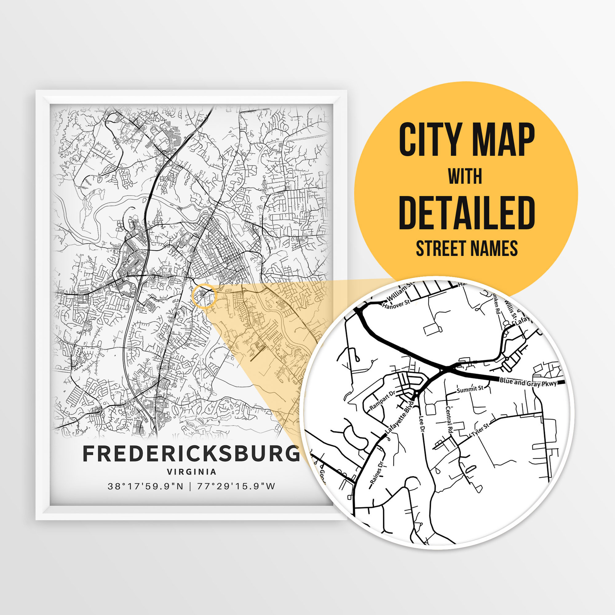 Printable Map of Fredericksburg, Virginia, USA with Street Names - Instant Download \ City Map \ Travel Gift \ City Poster \ Road Map Print