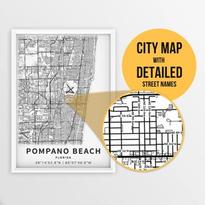 Carte imprimable de Pompano Beach, Floride, États-Unis avec noms de rues - Téléchargement instantané \ Plan de la ville \ Cadeau de voyage \ Affiche de la ville \ Impression de carte routière