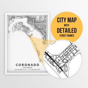 Carte imprimable de Coronado, Californie, États-Unis avec les noms de rue - téléchargement immédiat \ plan de la ville \ cadeau de voyage \ affiche de la ville \ impression de carte routière