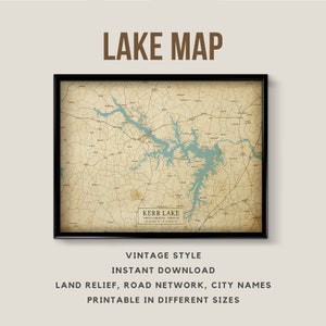 Mappa in stile vintage di Kerr Lake, Carolina del Nord, Stati Uniti con nomi di città - Download istantaneo \ Mappa del lago \ Arte della parete \ Poster stampabile \ Stampa mappa