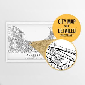 Druckbare Karte von Algier, Algerien mit Straßennamen - Sofort Download \ City Map \ Travel Gift \ City Poster \ Road Map Print \ Map Poster