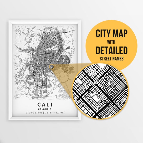 Druckbare Karte von Cali, Kolumbien mit Straßennamen - Sofort Download \ City Map \ Travel Gift \ City Poster \ Road Map Print \ Wall Art