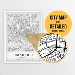 Mapa imprimible de Frankfurt, Alemania con nombres de calles - Descarga instantánea \ Mapa de la ciudad \ Regalo de viaje \ Cartel de la ciudad \ Impresión de hoja de ruta \ Arte de pared