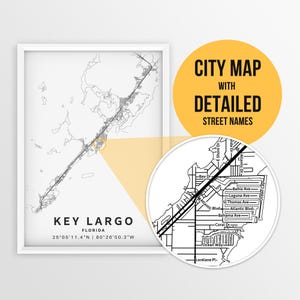 Afdrukbare kaart van Key Largo, Florida met straatnamen - direct downloaden \ Stadsplan \ Reiscadeau \ Stadsposter \ Wegenkaart \ Florida Keys