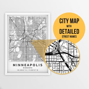Printable Map of Minneapolis, Minnesota, USA with Street Names - Instant Download \ City Map \ Travel Gift \ City Poster \ Road Map Print