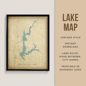 Druckbare Vintage Stil Karte von Smithville Lake, Missouri, USA mit Städtenamen - Sofort Download \See Karte \Wandkunst \Rustikal \ Map Print