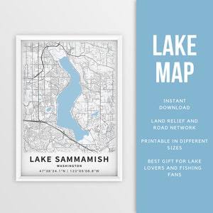 Druckbare Karte von Lake Sammamish, Washington, USA - Sofort Download \ Lake Map \ Map Poster \ Lake House Decor \ LakeLife \ Angeln \ Boating