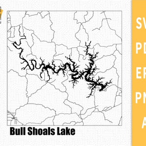 Layered map of Bull Shoals Lake, Arkansas Missouri roads map Vector File SVG \ PDF \ PNG \ Cutting \ Lake silhouette \ Commercial License