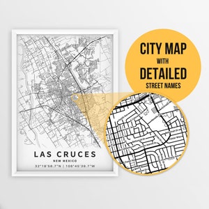Printable Map of Las Cruces, New Mexico, USA with Street Names - Instant Download \ City Map \ Travel Gift \ City Poster \ Road Map Print