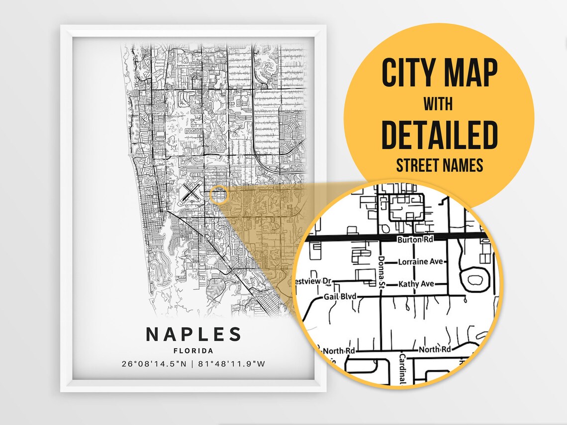 Printable Map of Naples FL Collier County Florida USA with | Etsy