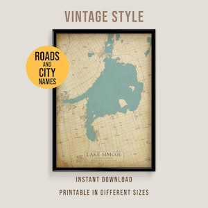Lake Simcoe Vintage Style Map, Printable Ontario, Canada Lake House Poster (Instant Download)