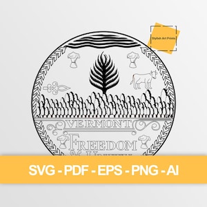 Op de afbeelding: Een zwart-wit cirkelvormig grafisch ontwerp met de elementen van het staatszegel van Vermont, waaronder een centrale dennenboom, een koe, korenschoven en een speer. De tekst luidt VERMONT en FREEDOM & UNITY, omsloten door een decoratieve rand.