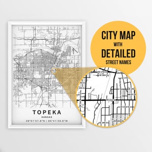Druckbare Karte von Topeka, Kansas, USA mit Straßennamen - Sofort Download \ City Map \ Travel Gift \ City Poster \ Road Map Print \ Wall Art