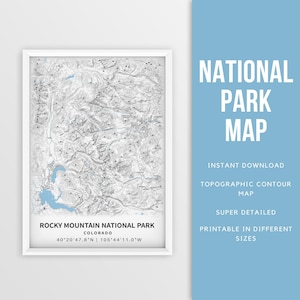 Carte imprimable du parc national des montagnes Rocheuses, affiche de la topographie des montagnes Rocheuses - téléchargement immédiat \ carte des contours \ affiche de carte \ cadeau pour les randonneurs