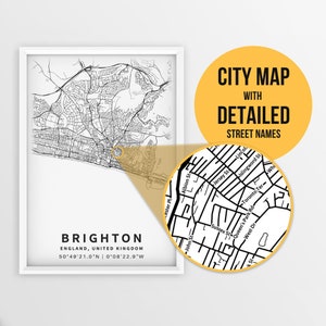 Mapa para impressão de Brighton, Inglaterra, Reino Unido com nomes de ruas - Download instantâneo \ Mapa da cidade \ Presente de viagem \ Cartaz da cidade \ Impressão de mapa de estradas