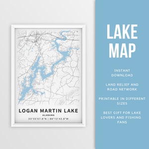 Afdrukbare kaart van Logan Martin Lake, Alabama, VS - Instant Download \ Lake Map \ Map Poster \ Lake House Decor \ LakeLife \ Fishing \ Varen