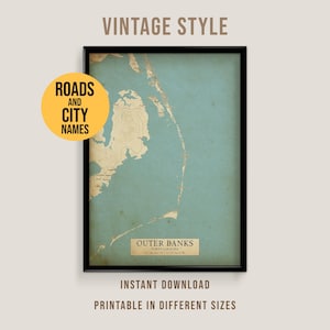 Mapa vintage de Outer Banks, Carolina del Norte, póster imprimible de la ciudad (descarga instantánea)