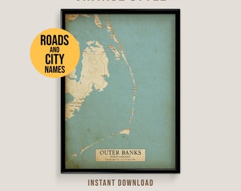Mapa vintage de Outer Banks, Carolina del Norte, póster imprimible de la ciudad (descarga instantánea)