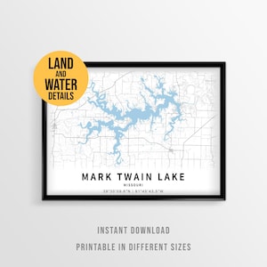 Mark Twain Lake Map Poster, Printable Missouri Lake House Decor (Instant Download)