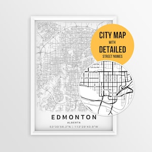 May include: A framed black and white map of Edmonton, Alberta, featuring a circular inset showing detailed street names. The text reads CITY MAP WITH DETAILED STREET NAMES, EDMONTON, ALBERTA, and the coordinates 53°30'56.2"N | 113°29'43.9"W.