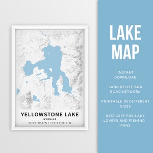 Carte imprimable du lac Yellowstone, Wyoming, États-Unis - Téléchargement instantané \ Carte du lac \ Affiche de carte \ Lake House Decor \ LakeLife \ Pêche \ Navigation de plaisance