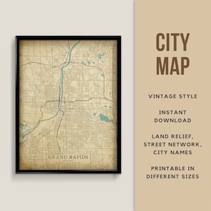 Mappa stampabile in stile vintage di Grand Rapids, Michigan, Stati Uniti - Download istantaneo \ Mappa stradale \ Poster della mappa \ Stile antico \ Stampa mappa