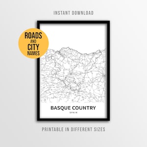 Affiche de carte du pays basque, carte routière d'Espagne imprimable avec noms de ville (téléchargement instantané)
