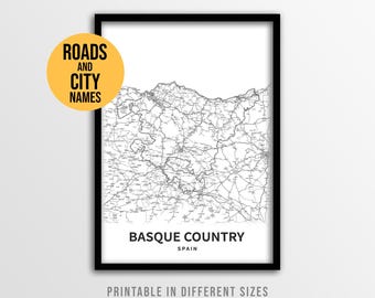 Basque Country Map Poster, Printable Spain Road Map with City Names (Instant Download)