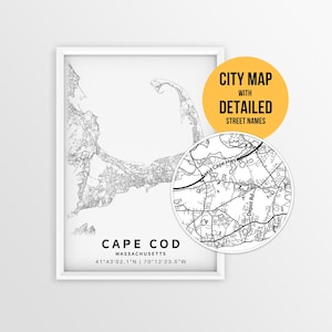 Mapa de Cape Cod con nombres de calles, póster imprimible de la ciudad de Massachusetts (descarga instantánea)